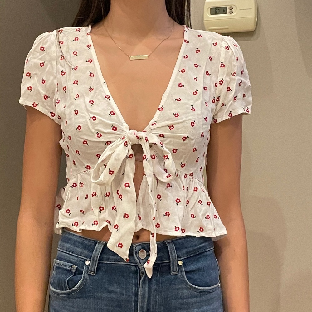 Brandy Melville Front Tie Embroidered Shirt